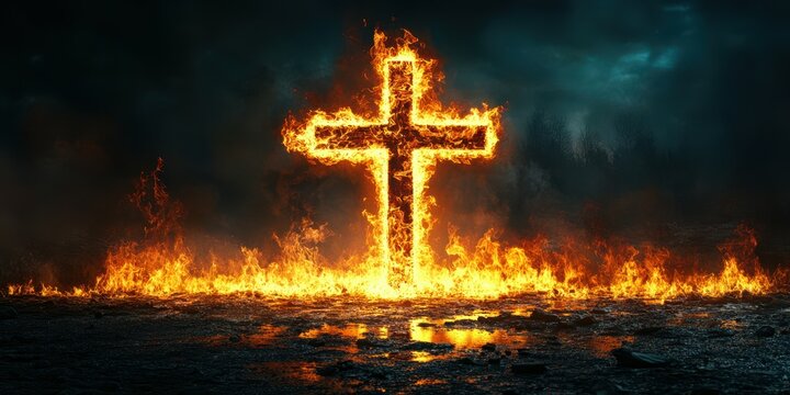 Burning cross illuminated by flames in a dark landscape during a dramatic nighttime setting