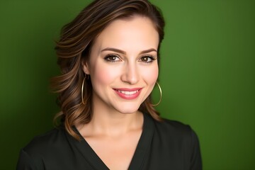 Cheerful middle-aged woman smiles warmly in studio. Portrait shot against plain green background. Attractive woman in casual green sweater. Pro, friendly expression. Mid-life beauty, casual style