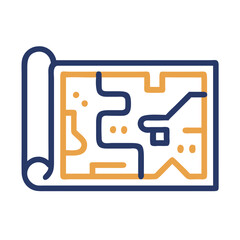 Obraz premium Vector icon representing a rolled-up map with a path outlined, indicating navigation and exploration activities in urban environments for various purposes