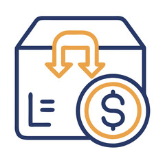 Return policy icon featuring a package and dollar sign to illustrate refund process for customers