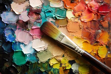 Paintbrush resting on vibrant palette with thick impasto strokes