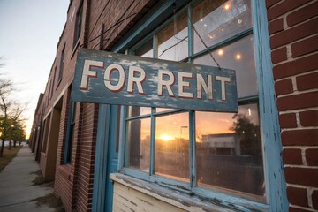 Obraz premium Weathered FOR RENT Sign in Historic Storefront