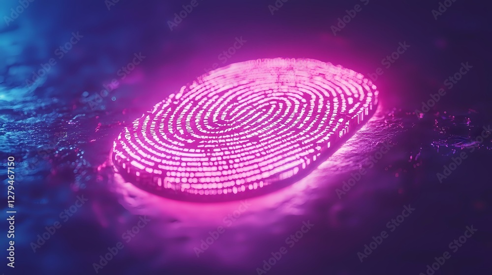 Poster glowing pink fingerprint scan on dark background with futuristic digital effect, security concept fo