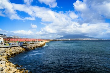 Fototapeta premium View of Mount Vesuvius from Naples seaside, Naples, Campania, Italy, Europe