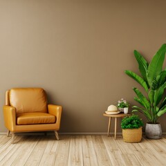 Fototapeta premium Mustard Yellow Leather Armchair in Minimalist Brown Room Interior
