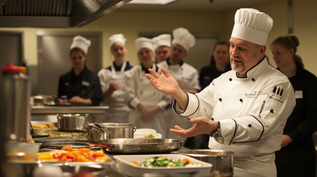 Chef teaching culinary students in kitchen