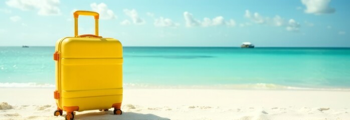 banner yellow bright suitcase on the beach against the background of the sea coast with snow-white sand and blue water