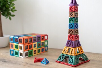 Stacked Magnetic Construction Blocks on Table 