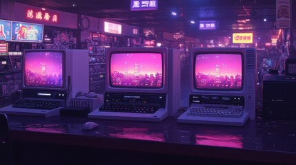 Fototapeta premium Retro Computer Setup in Neon-Drenched Vintage Arcade Environment
