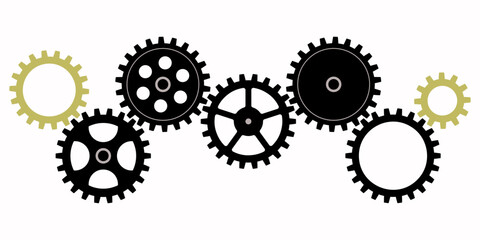 Gears of different shapes and sizes with same size teeth connected in curved broken line. Vector illustration of links of one chain. Concept of connections, brainstorming, searching for new ideas.
