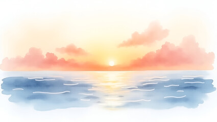 Fototapeta premium Stunning watercolor painting depicting a serene sunset over a calm ocean. Beautiful blend of warm colors creating a peaceful ambiance jpg