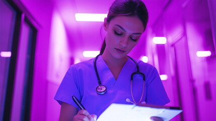 Night shift nurse writing notes in dimly lit hospital hallway
