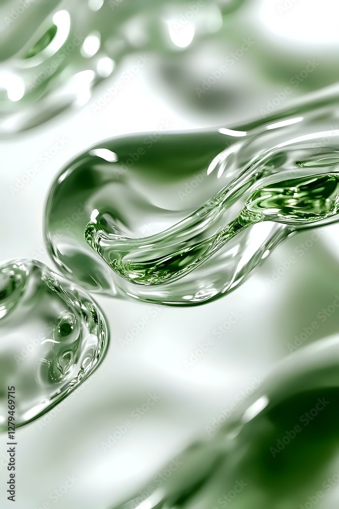 Poster dynamic flow of transparent liquid with green tints creating abstract wave patterns against white ba