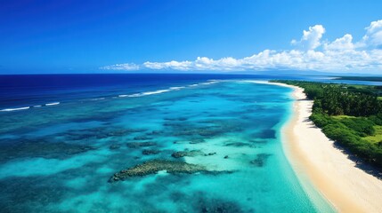 Obraz premium A serene aerial perspective of a secluded tropical beach, with turquoise waters fading into deep blue