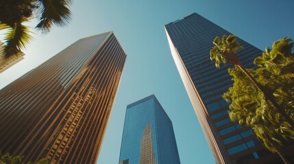 City skyscrapers with palm trees, sunny day, urban view, photo for business use