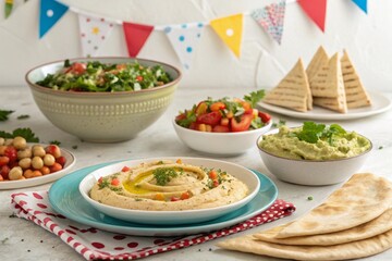 Party Spread with Hummus, Guacamole, and Fresh Salad 
