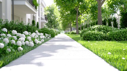 Obraz premium Sunny path, residential area, green landscaping, peaceful neighborhood, real estate