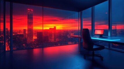 Fototapeta premium Modern Office Space with Stunning Cityscape at Sunset