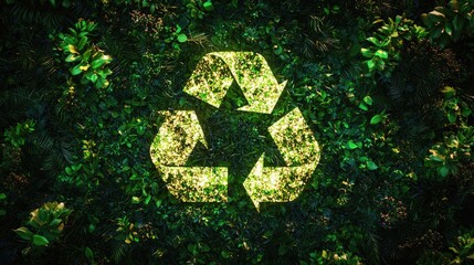 Recycling Symbol Embedded in Lush Greenery, A Visual Representation of Sustainable Practices and Environmental Conservation