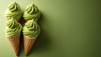Four scoops of matcha ice cream in cones. Perfect for menus, blogs, or food advertising.