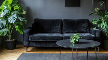 Modern Living Room with Dark Sofa and Indoor Plants in Minimalist Style