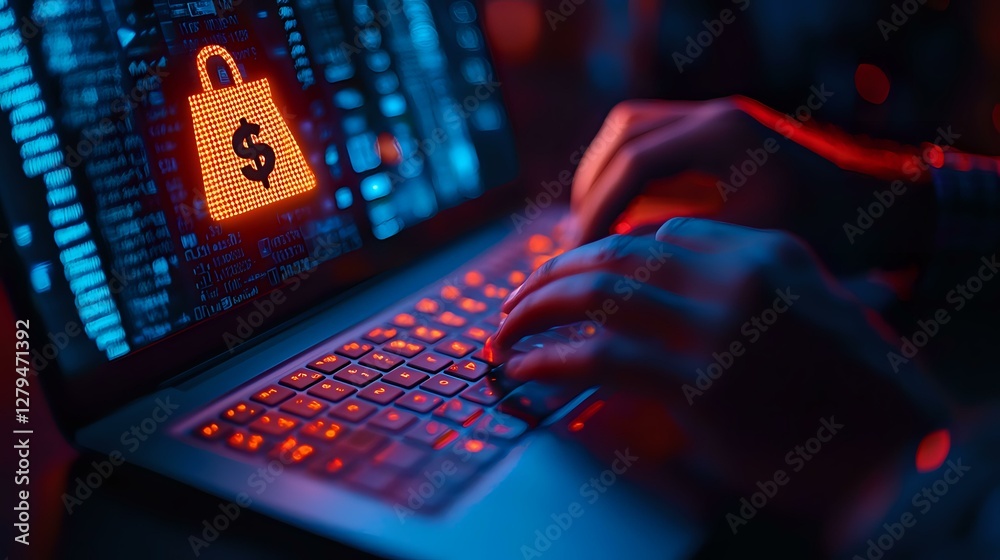 Poster cybersecurity concept with glowing padlock and dollar sign. hands typing on illuminated keyboard in 