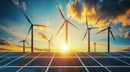 Renewable Energy, Solar and Wind Power at Sunset