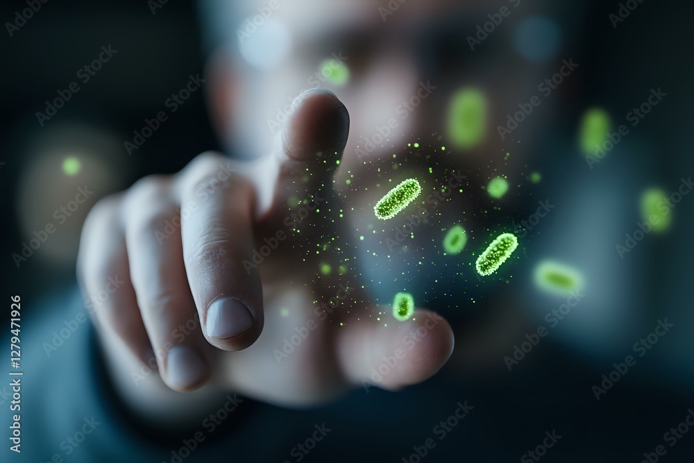 Poster glowing green binary code elements floating around male hand touching virtual interface in dark spac