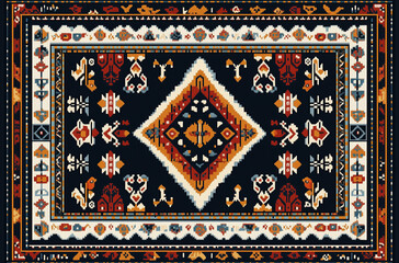 A beautifully colorful rug that features a striking diamond pattern on it