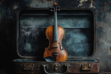 Naklejka premium Antique violin resting in open vintage case against textured background