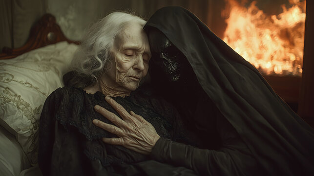 An emotional portrayal of an elderly woman tenderly embraced by a cloaked figure resembling Death