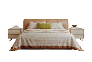 Modern brown leather bed with pillows bedside table and bedding isolated PNG	