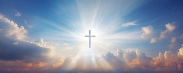 Bright sunlight shines through clouds surrounding a glowing cross in the sky during early evening