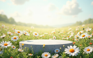 A round podium made of light stone, surrounded by a bright field of white daisies and various wildflowers