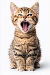Fototapeta premium Adorable tabby kitten yawning on white background