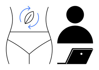 Abstract depiction of gut health with arrows indicating digestion, next to an icon of a person using a laptop. Ideal for health, wellness, digestion, e-learning, balance, nutrition, online education