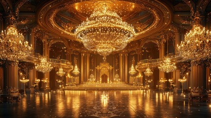 Obraz premium Golden Palace Ballroom, Grand chandeliers, opulent interior, candlelit ambiance