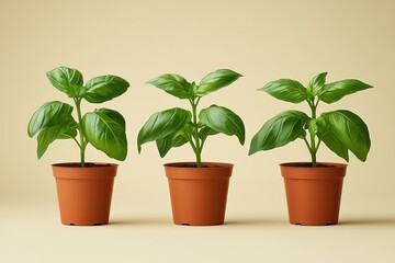 Fototapeta premium Three basil plants in terracotta pots. Ideal for illustrating growth, freshness, or healthy eating.
