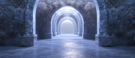 Portalthemed mystical landscape artwork on gray background in 219 aspect ratio