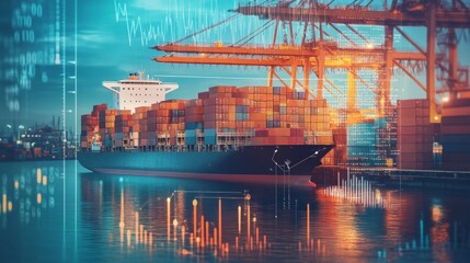 Container ship at harbor with data overlay, showing global trade