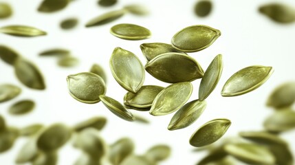 Naklejka premium Close-up of floating pumpkin seeds on white background