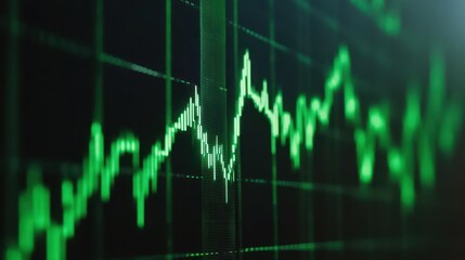 Green financial stock market chart display with rising line graph on screen