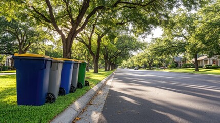 Bright trash cans sit along a city park path, surrounded by lush green grass and trees, perfect for promoting cleanliness