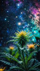 Rare cannabis cosmic weed plant with dewdrops, cannabis, microscopic cosmic weed structure, space dust, dreamy psychedelic weed plant, purple haze