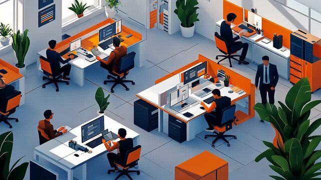 Modern Office Workspace: Isometric Illustration of Collaborative Teamwork