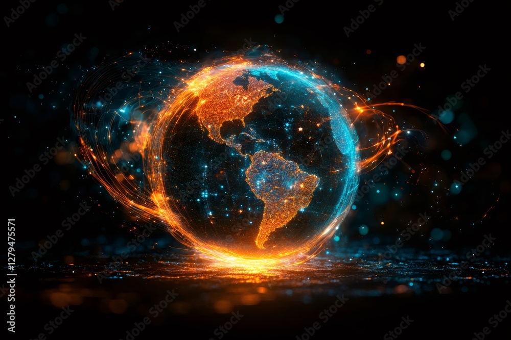 Aufkleber Planet earth rotating and glowing with data connections trails revolving around