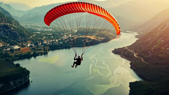 A person on a paraglider flies over a river among high mountains. Extreme sportsman jumps with a parachute from a bridge.