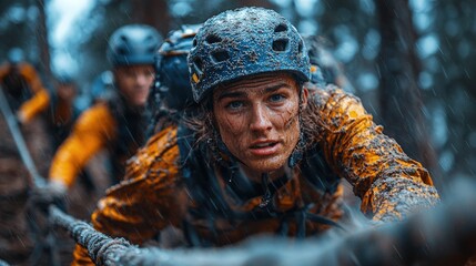 Mud-covered woman climbs rope, rain forest background, teamwork training