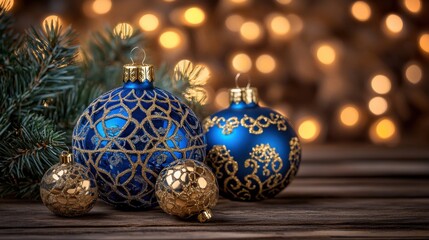 Decorative blue and gold Christmas ornaments on wooden table with blurred festive lights