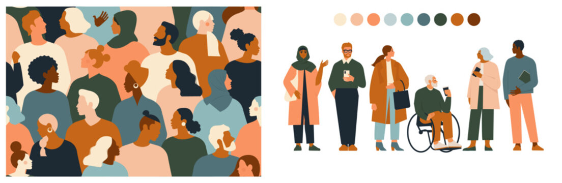 Crowd of young and elderly men and women in fashion clothes. Diverse group of stylish people standing together. Society or population, diverse team, social diversity. Flat cartoon vector illustration.